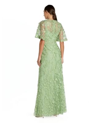 Women's Flutter Sleeve Floral Emboridered Net Gown