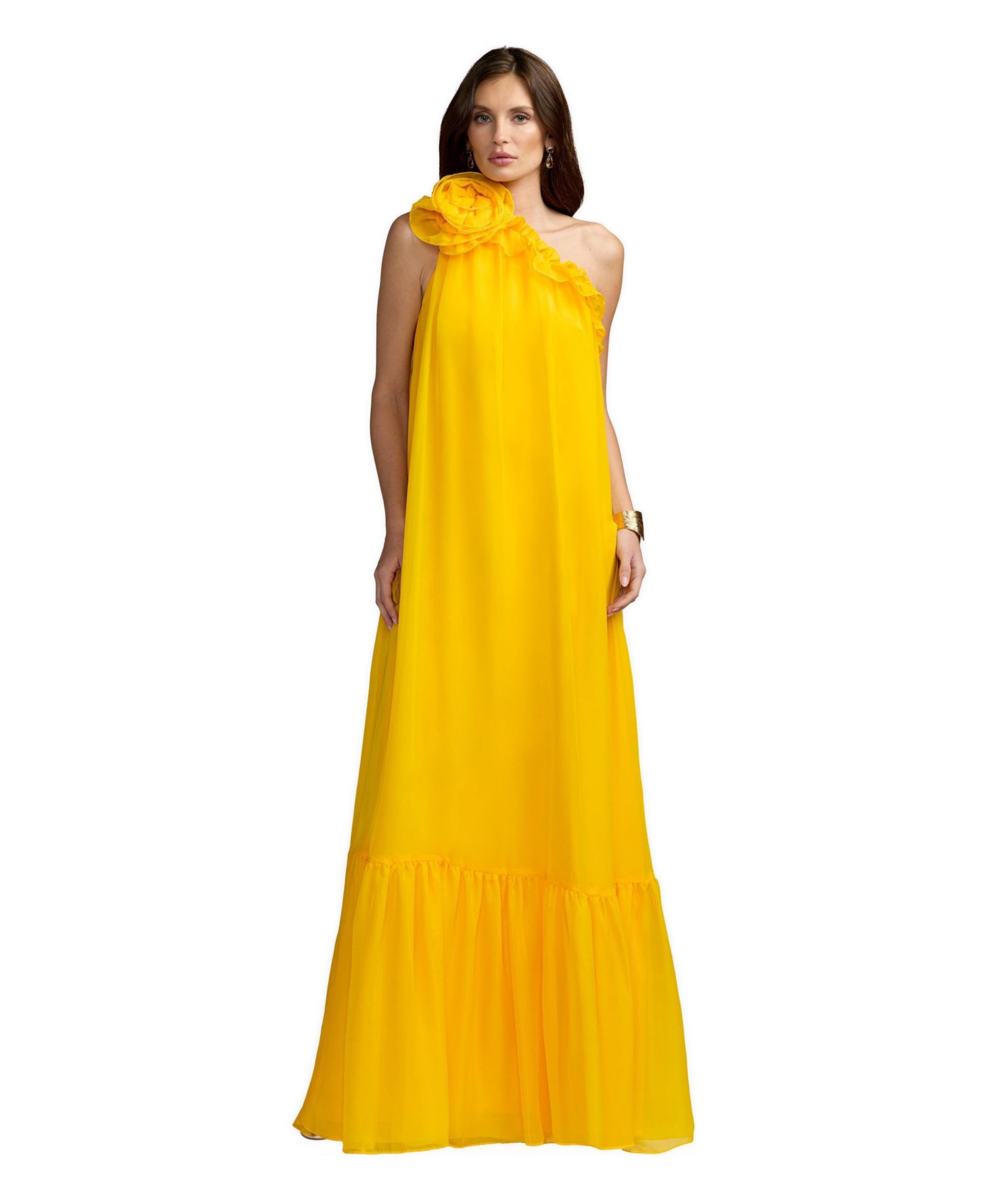 Women's One Shoulder Chiffon Maxi Gown with 3D Rosette