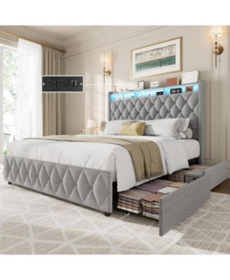 King Size Upholstered Platform Bed Frame with 4 Storage Drawers, Nailhead Trim Headboard, LED Lights & Charging Station