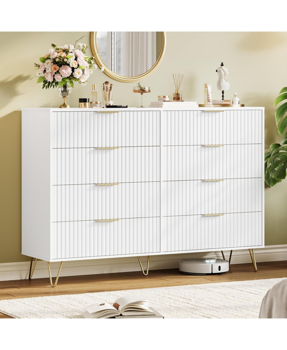 Fluted 8-Drawer Dresser for Bedroom, 55" Wide Modern Minimalist Chest of Wooden Drawers,Wide Clothes Storage Organizer