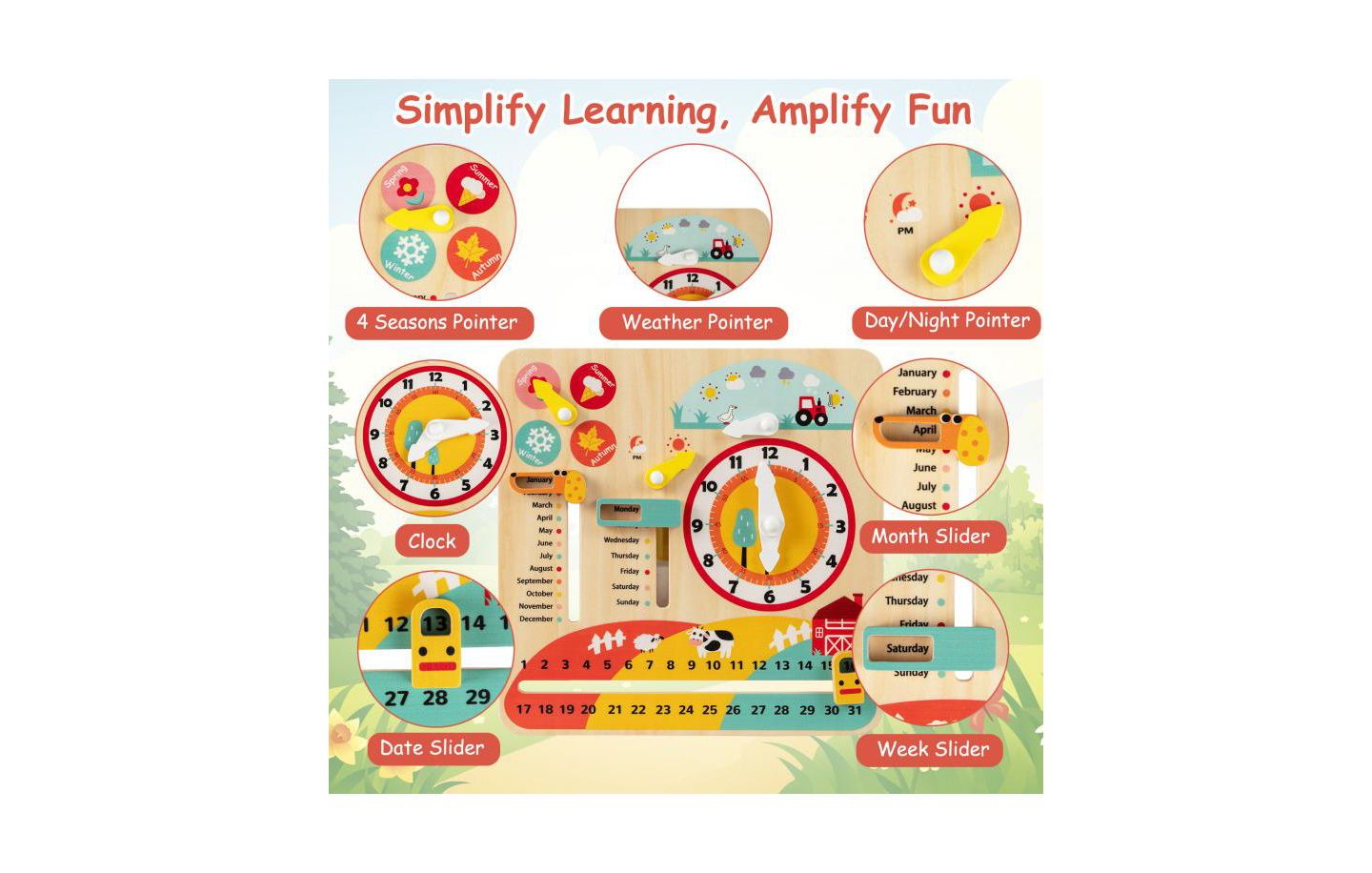 Детская игрушка Slickblue Montessori Wooden Learning Clock, Ages 3+, цвет: Разноцветный — фото 6