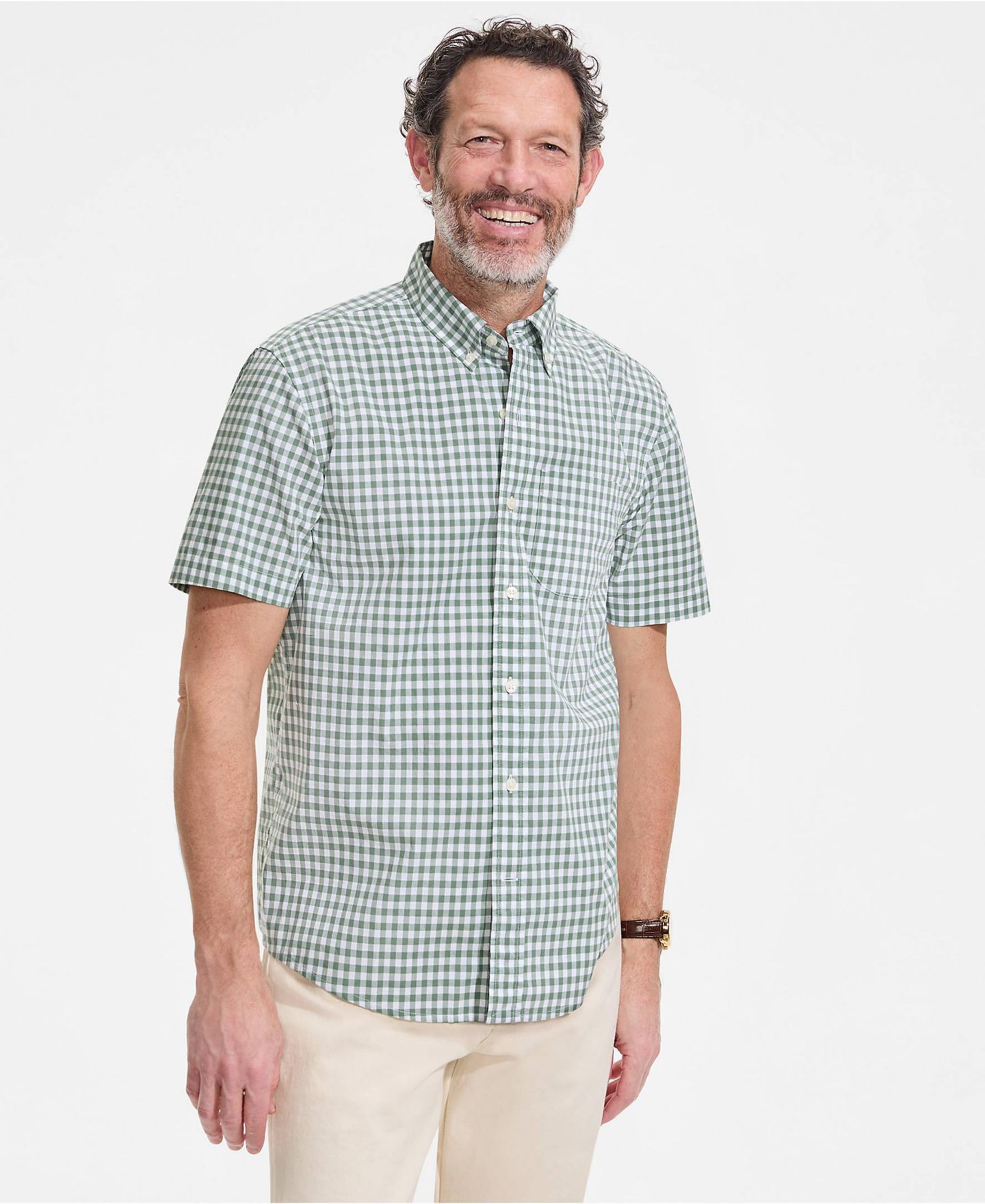 Мужская рубашка Lands' End Short Sleeve Easy Fit Poplin, цвет: В мелкую клетку, вариант 1 — фото 4