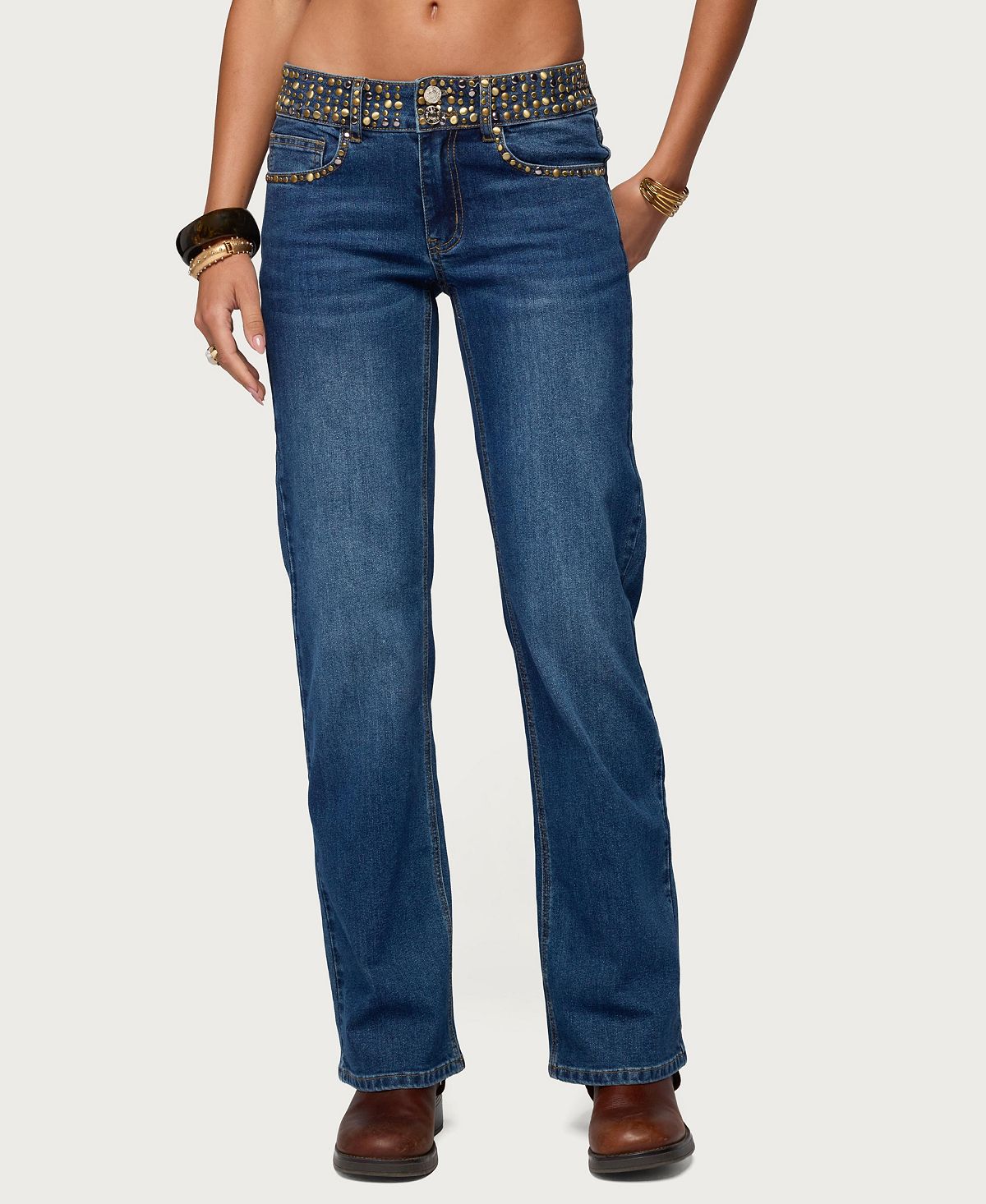 Edikted Women's Studded Low Rise Straight Leg Jeans view 1 — MAYCSS fashion products