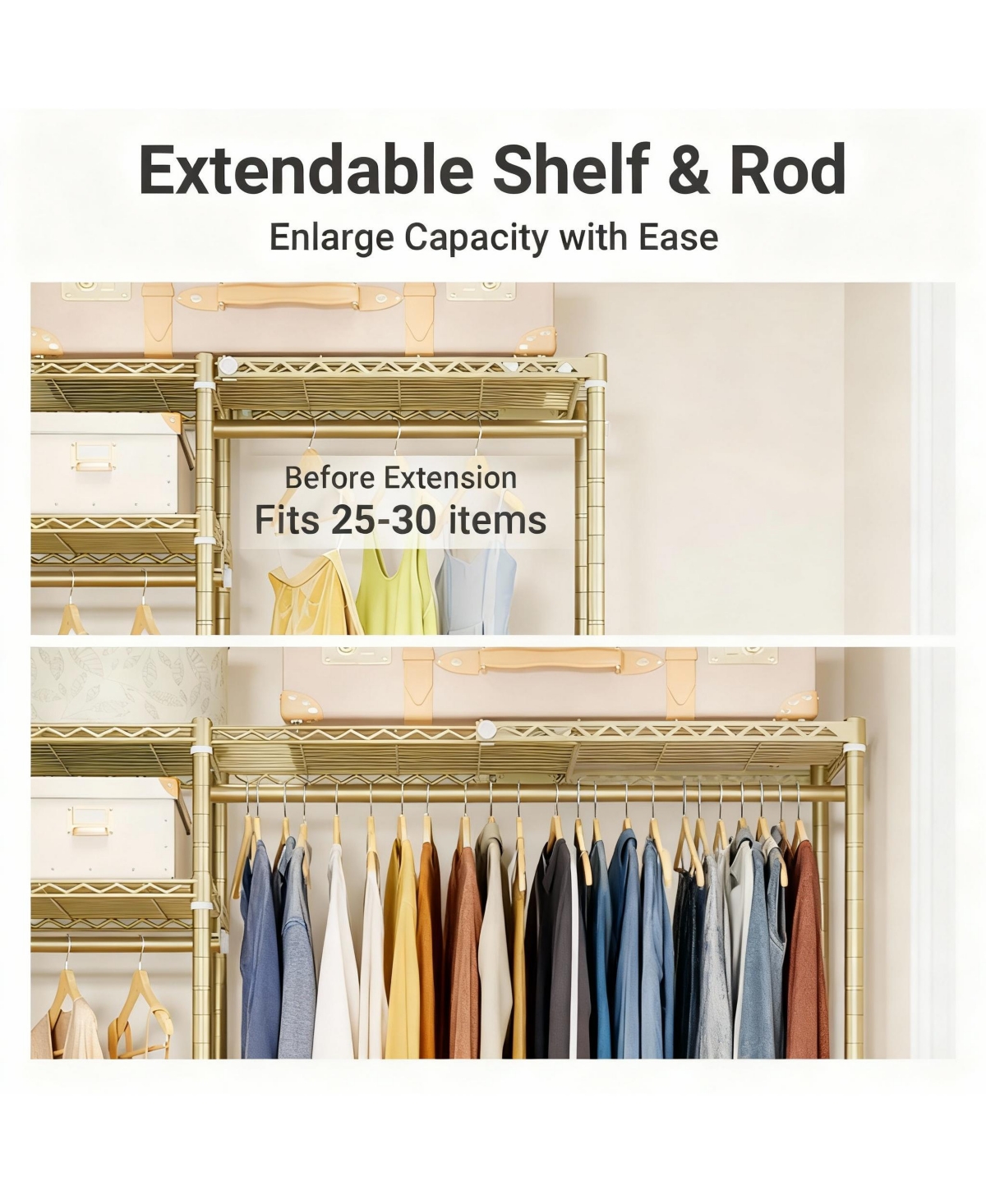 Yigii Adjustable Metal Garment Rack with Shelves and Rods for Space Maximization