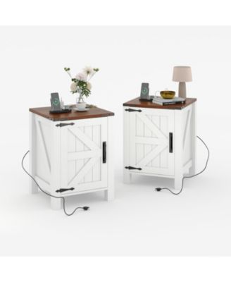Rustic Farmhouse Nightstand with Charging Station, Barn Door & Adjustable Storage Shelf, Wooden Small Table 2PCS