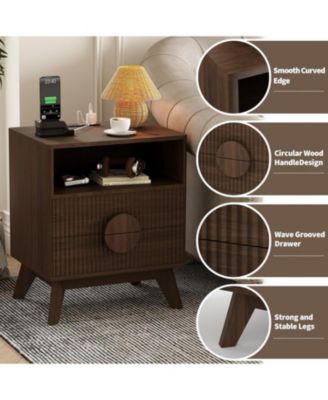 Modern Wood Nightstand with Charging Station, Fluted Bedside Table with Drawers and Shelf for Bedroom, Living Room
