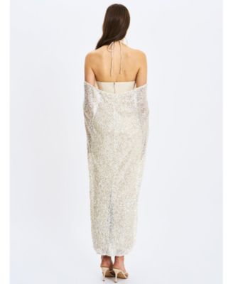 Women's Quimera Almond Beaded Cape Halter Off-Shoulder Maxi Gown