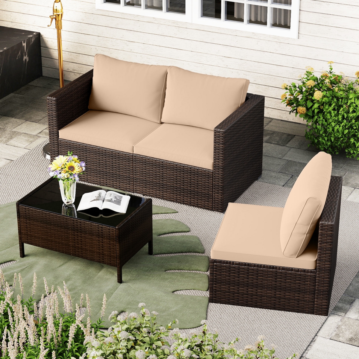 Gymax 3PCS Patio Sectional Sofa Set w/Right Arm and Left Soft Cushions