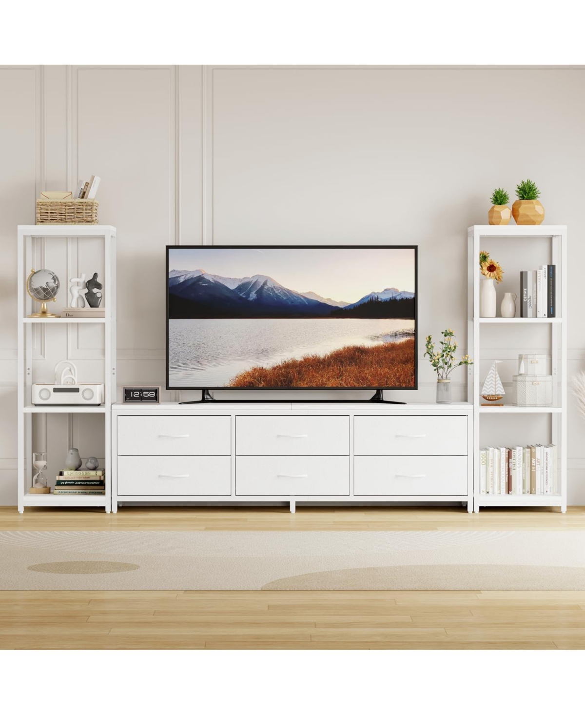 gaomon 88.9" Tv Stand for 75 Inch Tv, Entertainment Center with Fabric Drawers & 4-Tier Open Shelves, Modern Media Console