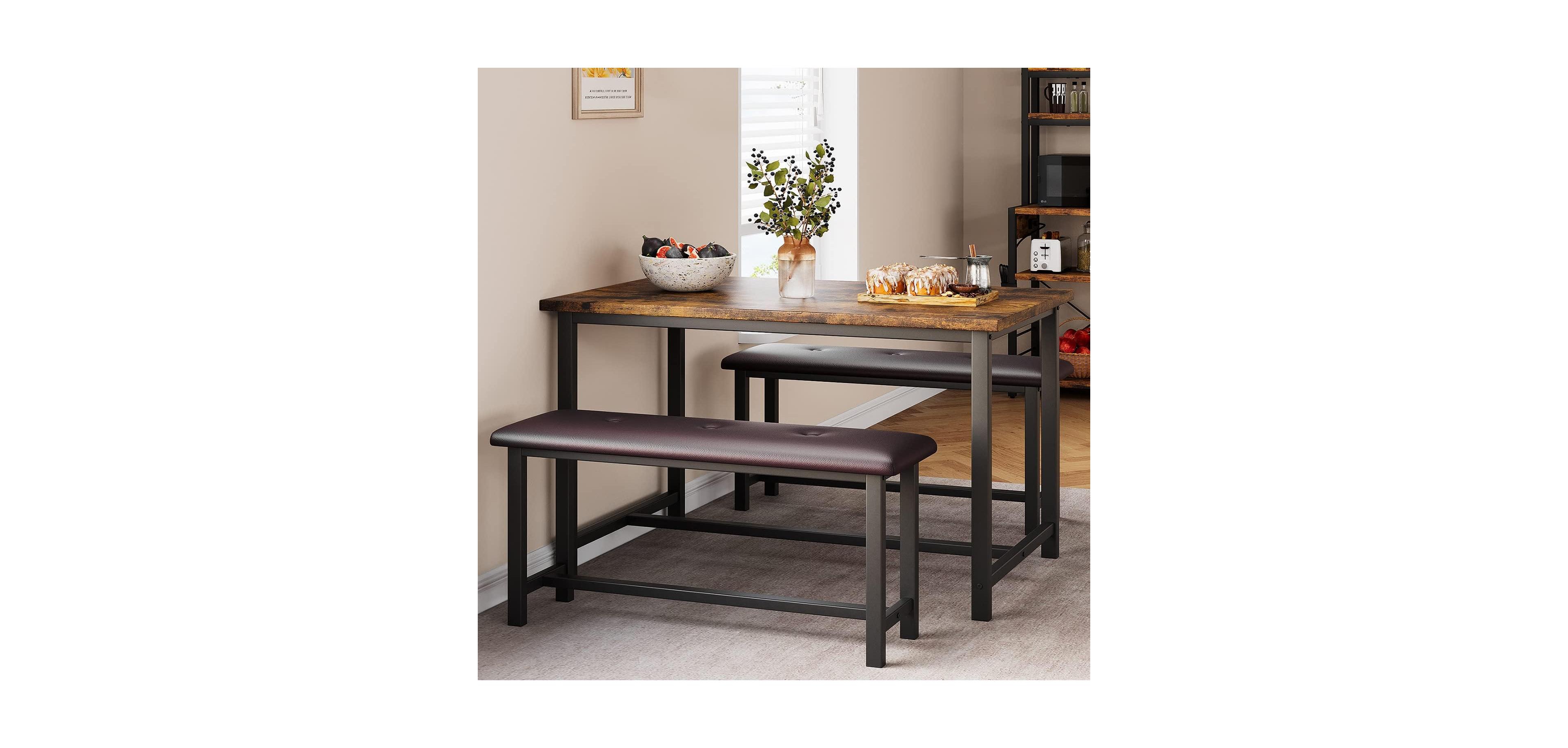 gaomon 3 Piece Dining Table Set Kitchen Table and Benches for 4 Rectangular Dining Room Table Set with 2 Upholstered Benches