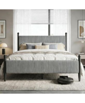 Queen Upholstered Bed Frame with Velvet Headboard, Corduroy Platform, Easy Assembly