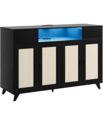 Rattan Sideboard Buffet Cabinet With LED Lights, 2 Drawers 2 Doors Storage Cabinet, Modern Console Table With Power Outlet & Adjustable Shelves