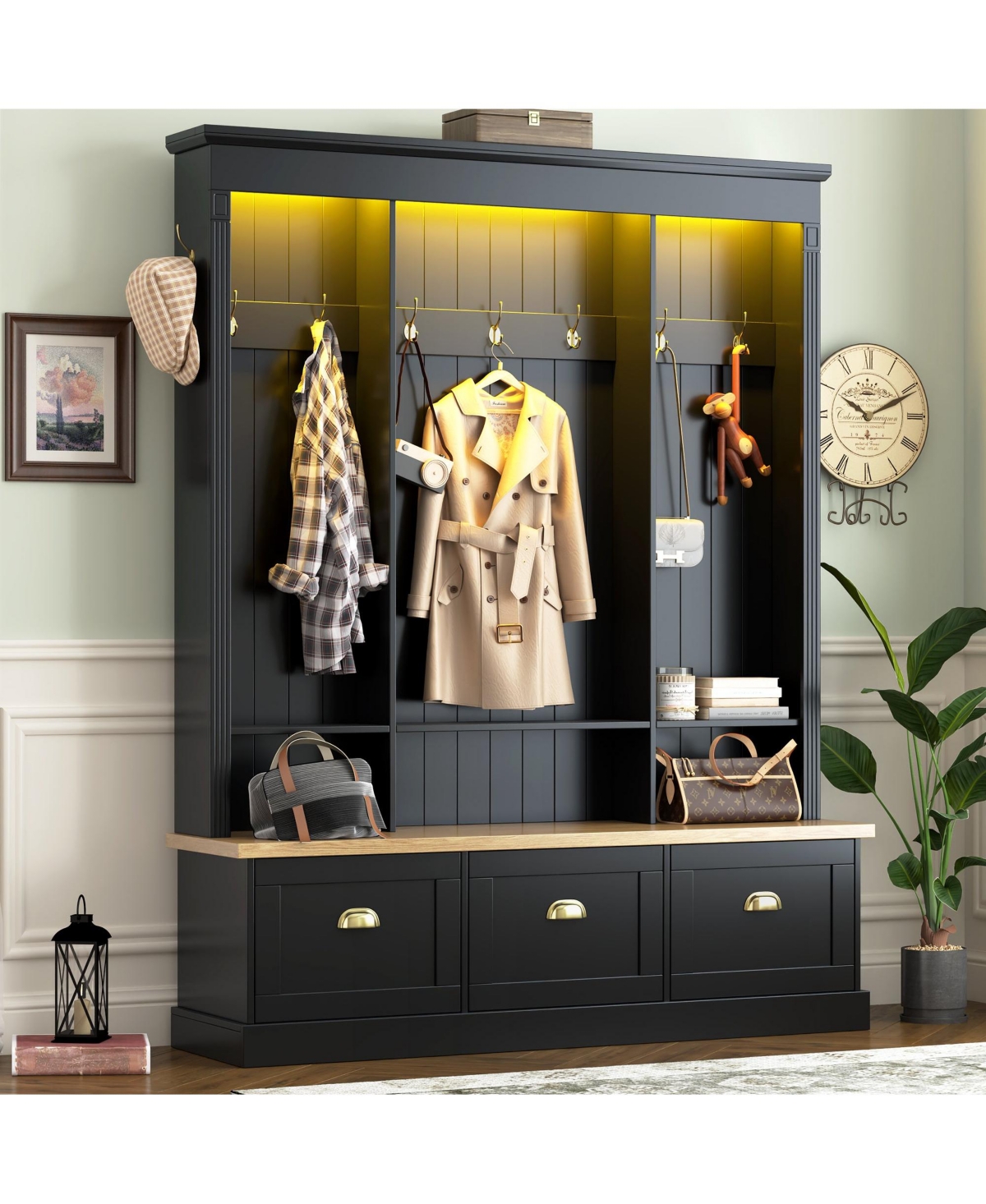 Clihome App Controlled Led Light Hall Tree Storage Bench with Hooks and 3 Large Cabinets for Hallway