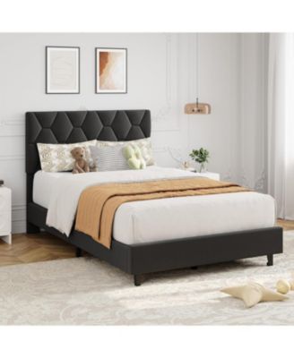 Bed Frame with Adjustable Headboard, Upholstered Platform Bed with Sturdy Wood Slats Support, No Box Spring Needed, Easy Assembly