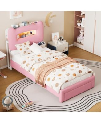 LED Full Bed Frame with 2-Tier Storage Headboard, Upholstered Platform Bed with Charging Station and Drawer, Metal Support