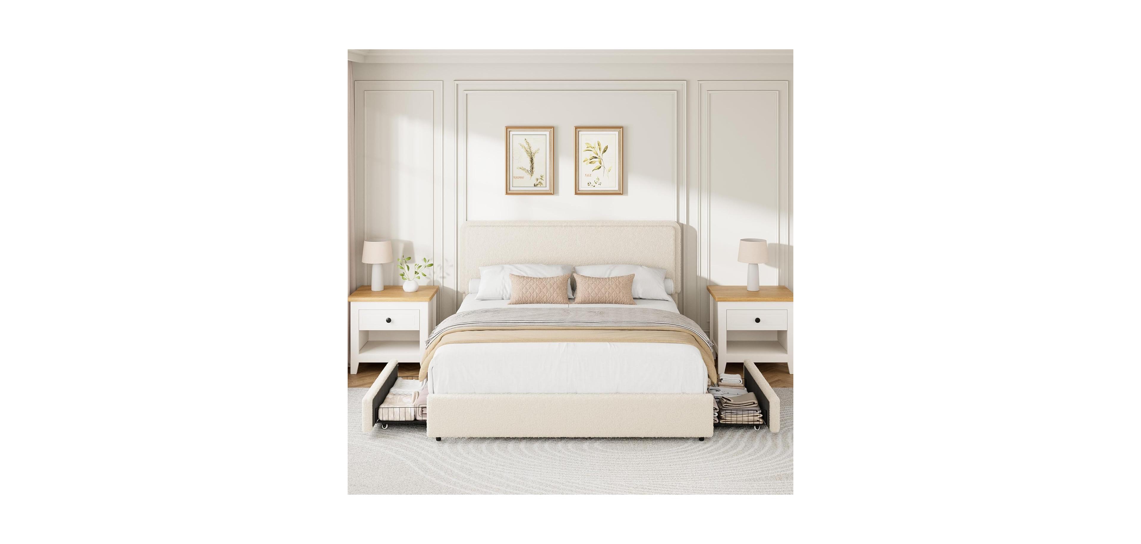 gaomon Queen Upholstered Teddy Fleece Platform Bed with Adjustable Cloud Headboard and 2 Storage Drawers