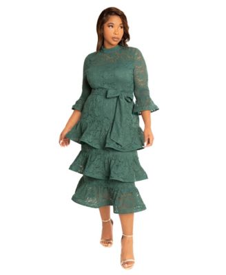 Plus Size Lace Bell Sleeve Tiered Dress