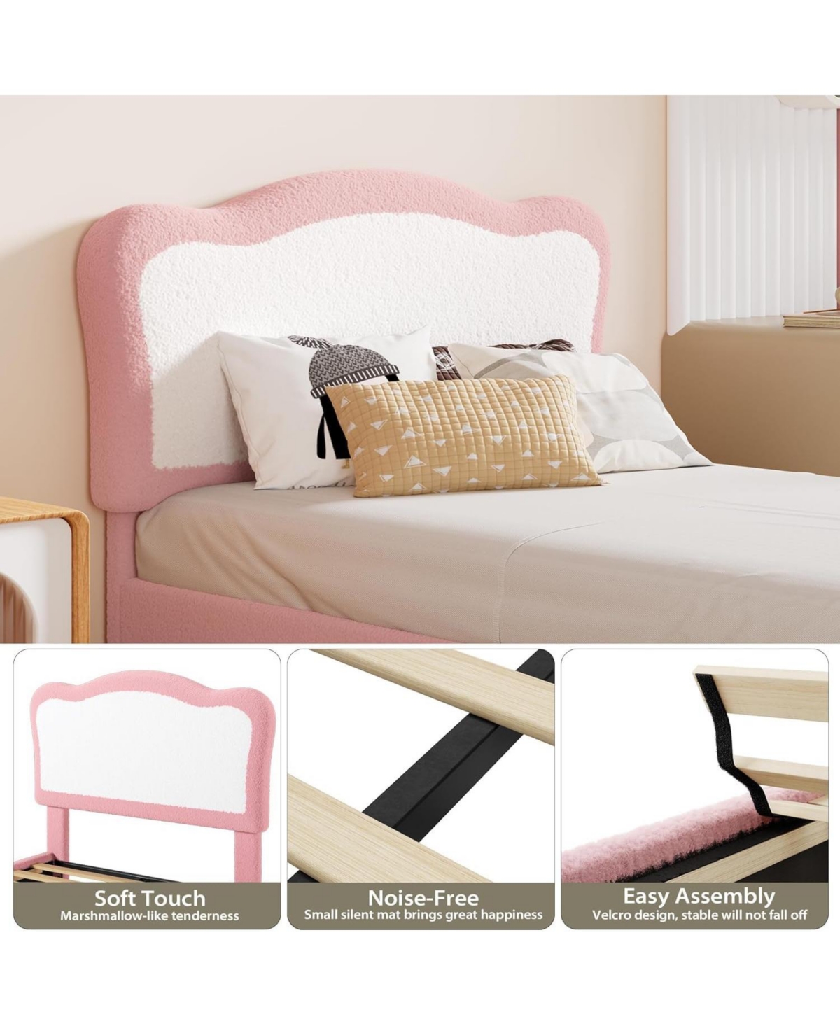gaomon Bed Frame for Kids, Boucle Upholstered Platform Bed with Headboard for Girls Boys, Wooden Slats Support