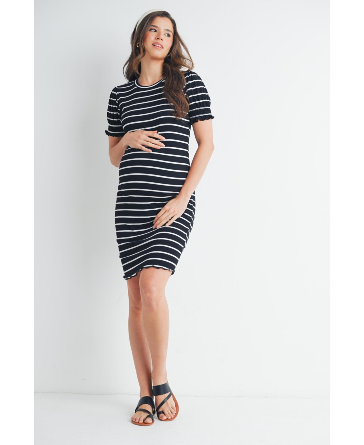 Hello Miz Maternity Striped Ribbed Mini Dress with Short Puff Sleeves