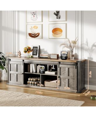 Farmhouse TV Stand for 75 Inch TV, Entertainment Center with Storage Cabinets and Sliding Barn Doors