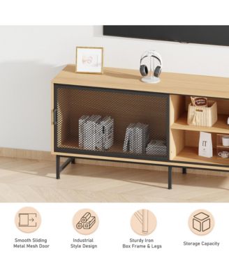 63 Inch Modern Industrial TV Stand for Living Room for TV up to 70"–Metal Mesh Sliding Doors–3 Open Storage Compartments