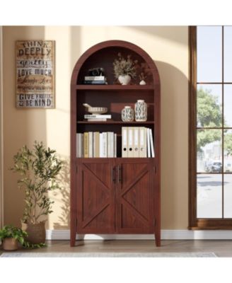 Farmhouse Style 5-Tier Storage Cabinet with Arched Design & Rattan Decor & Open Display Shelves