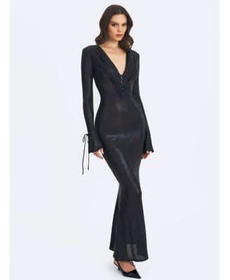 Women's Ilysia Black V-Neck Plunge Snakeskin Mermaid Hem Maxi Dress