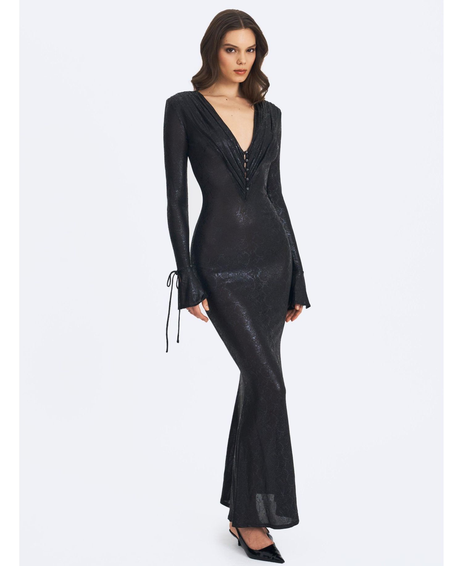 Women's Ilysia Black V-Neck Plunge Snakeskin Mermaid Hem Maxi Dress