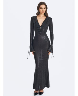 Women's Ilysia Black V-Neck Plunge Snakeskin Mermaid Hem Maxi Dress