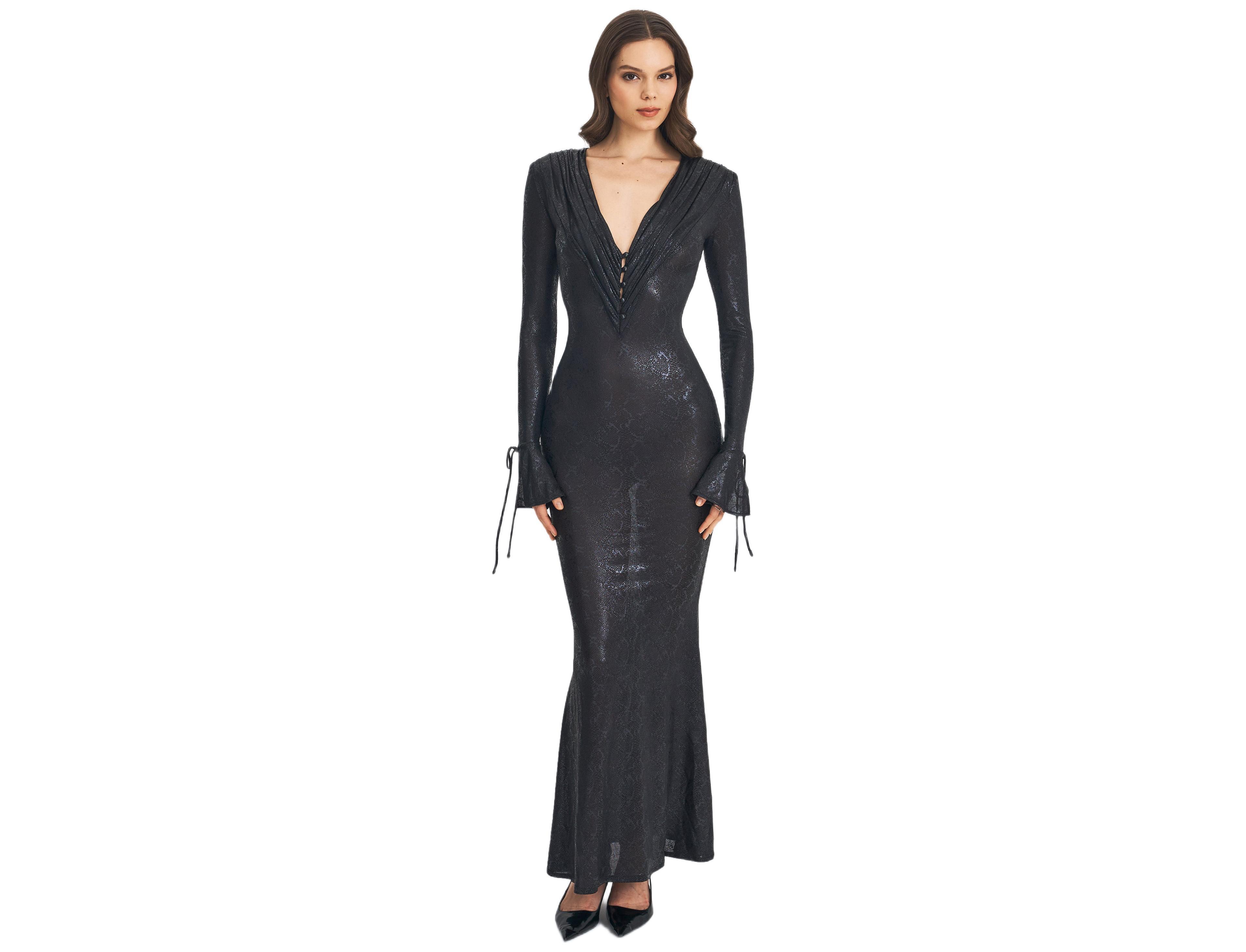 Miss Circle Women's Ilysia Black V-Neck Plunge Snakeskin Mermaid Hem Maxi Dress