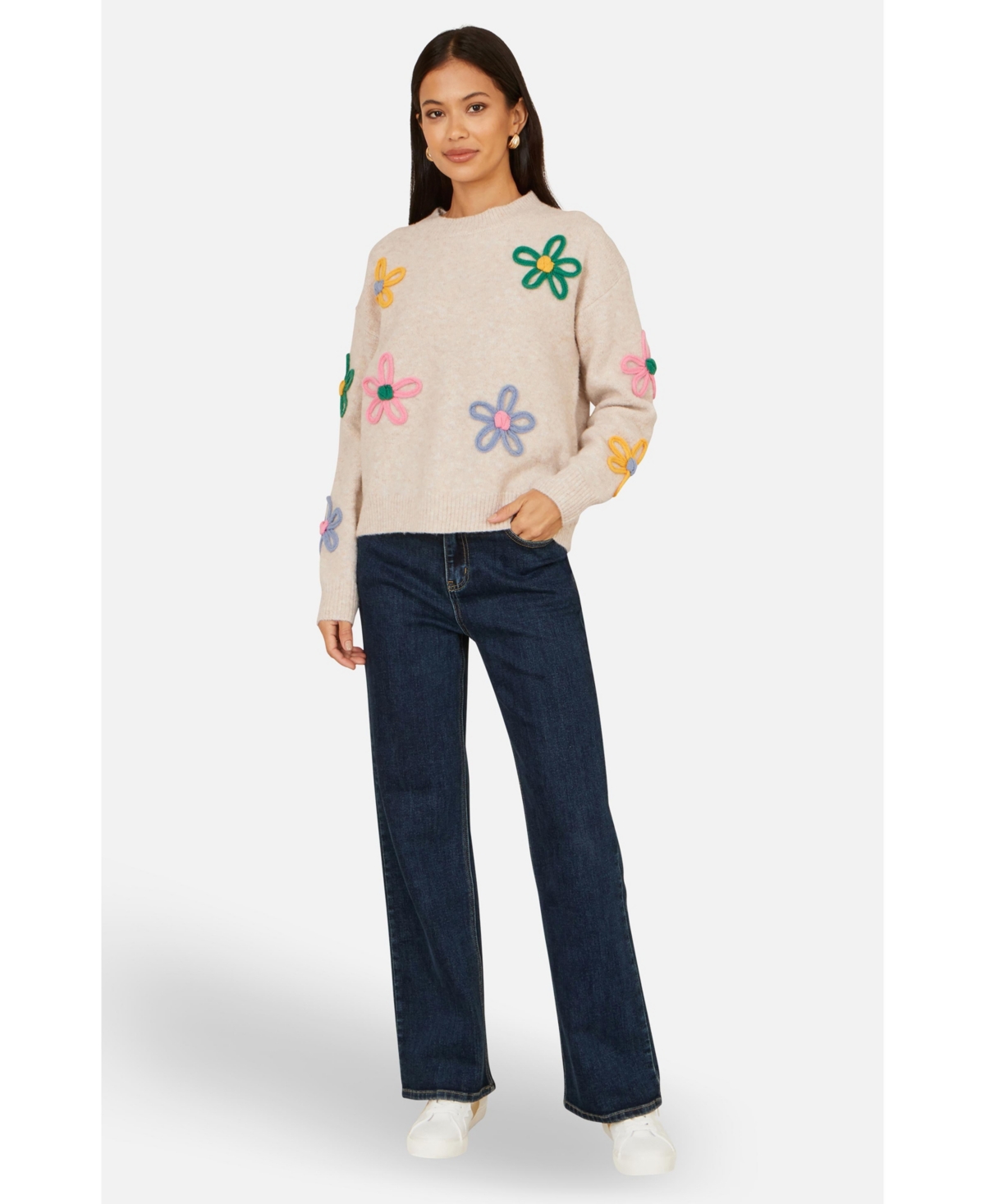 Yumi Women's Relaxed Flower Embroidered Jumper