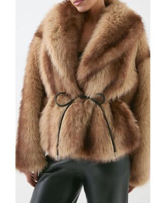 Women's Faux Fur Wide Collar Belted Jacket