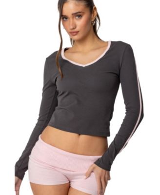 Women's Contrast V Neck Long Sleeve T Shirt