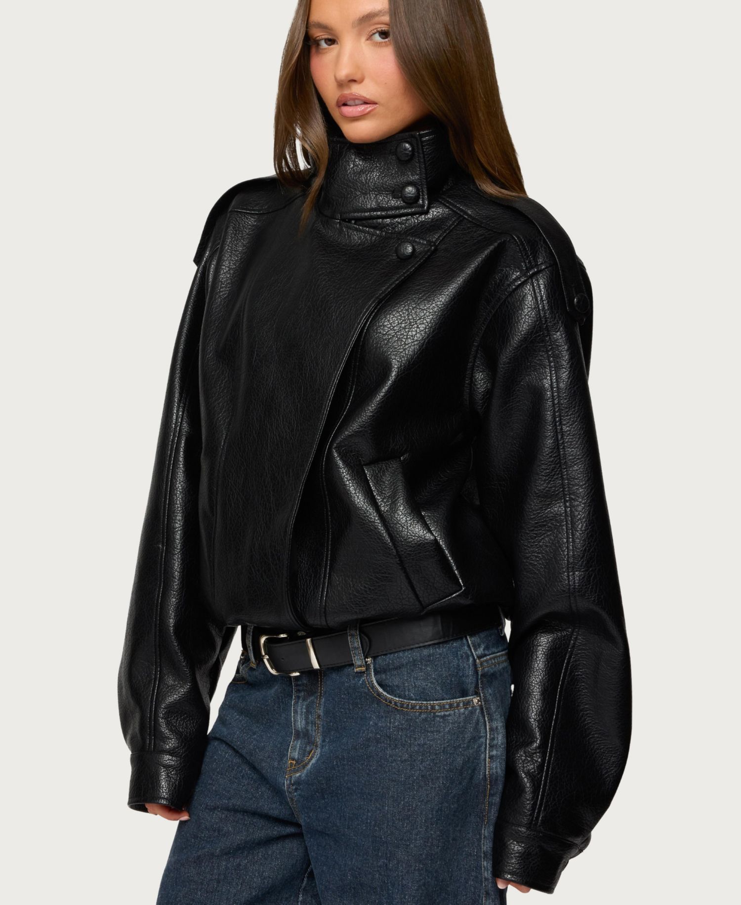 Women's Jaicee High Neck Oversized Faux Leather Jacket