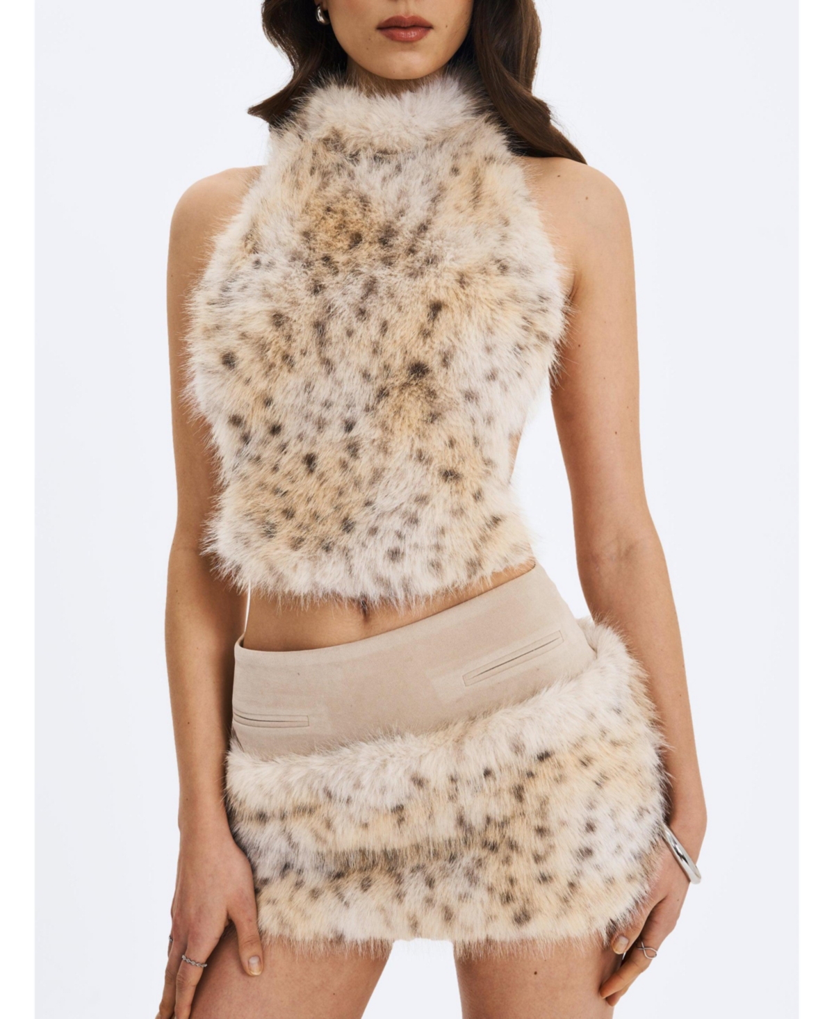 Miss Circle Women's Sariah Tan Suede Cheetah Low-Waisted Micro Skirt