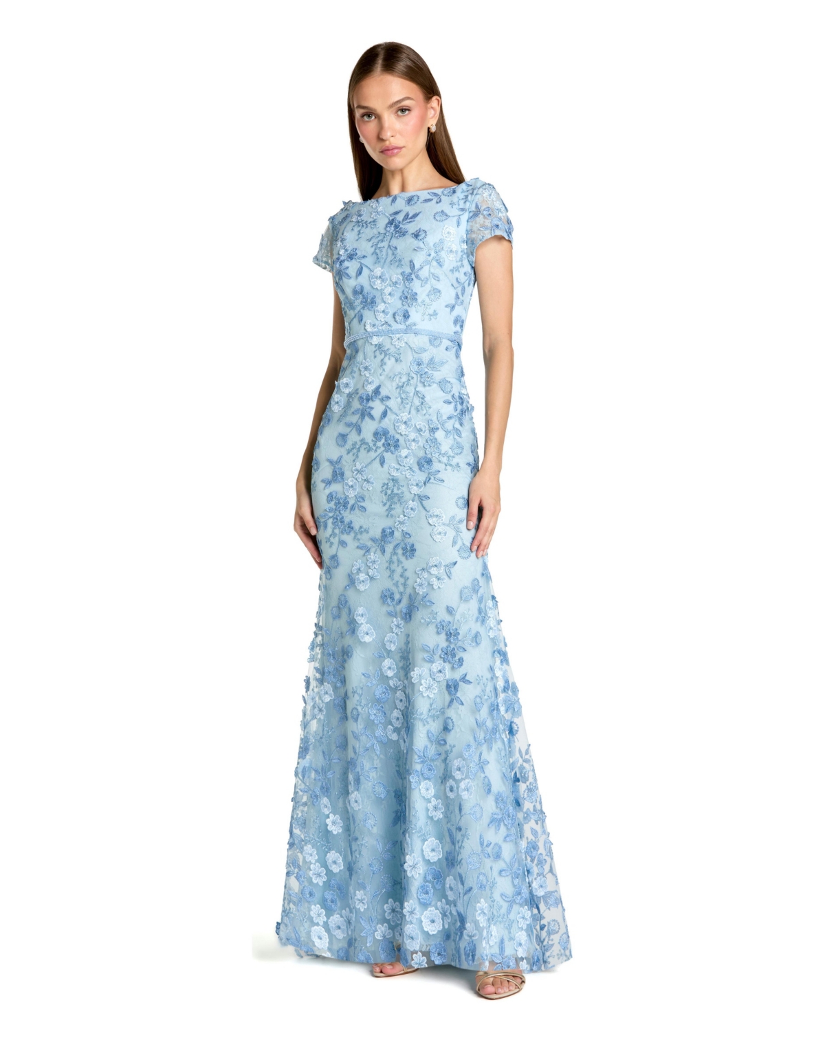 Women's Floral Applique Boat Neck Short Sleeve Gown - Powder blue