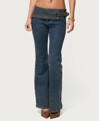 Women's Asymmetric Grommet Belt Low Rise Flared Jeans