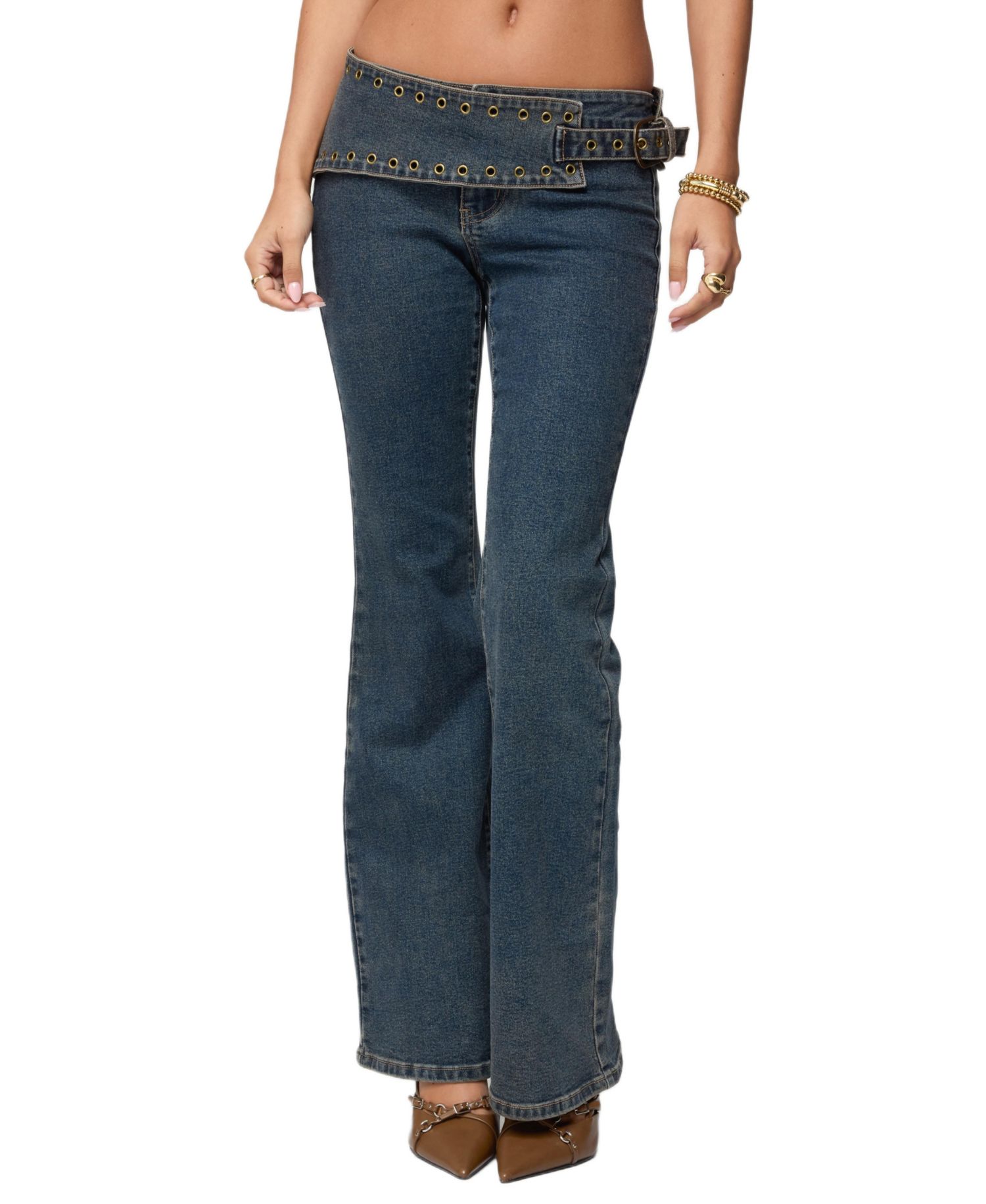 Women's Asymmetric Grommet Belt Low Rise Flared Jeans