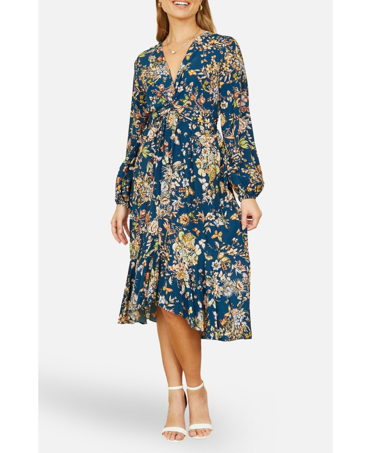 Yumi Women's Tie Knot Front Long Sleeve Midi Dress