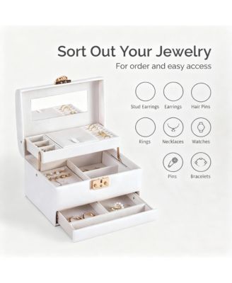 Leather Jewelry Organizer with 3 Drawers, Mirror, and Lock