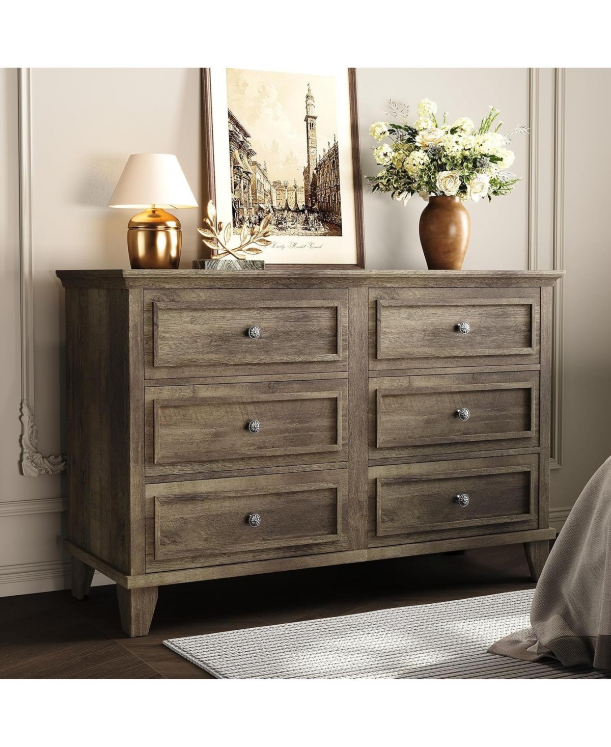gaomon Dresser for Bedroom, 6 Drawer Wide Dresser Storage Organizer, Modern Wooden Chest of Drawers with Metal Handles for Hallway, Entryway - Grey