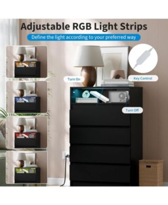 4 Drawer Double Dresser with Power Outlet, Accent Chests of Drawers with LED Light, Modern White Storage Dresser with Charging