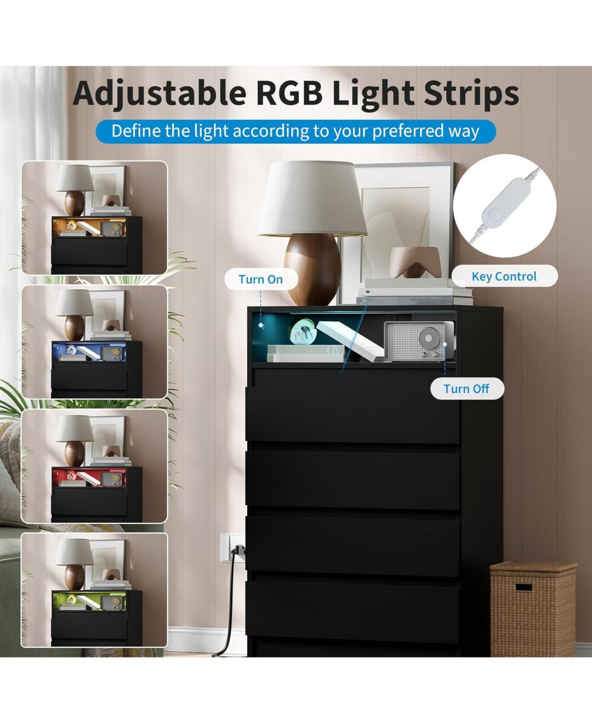 gaomon 4 Drawer Double Dresser with Power Outlet, Accent Chests of Drawers Led Light, Modern White Storage Charging