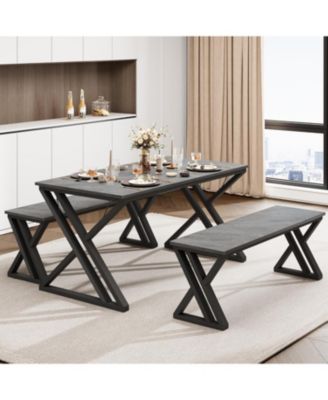 Kitchen Room Dining Table Set with Benches for 4, Sturdy Metal Kitchen Table Set with X Metal Frame Space Saving