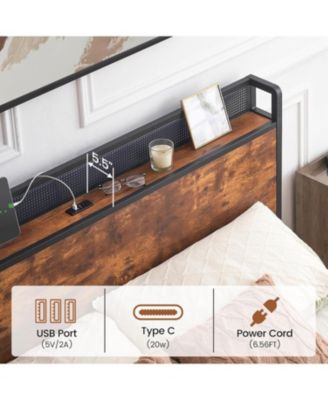 Queen Size Bed Frame with Storage Headboard, 4 Drawers, Charging Station, LED Lights & Metal Support, No Box Spring Needed