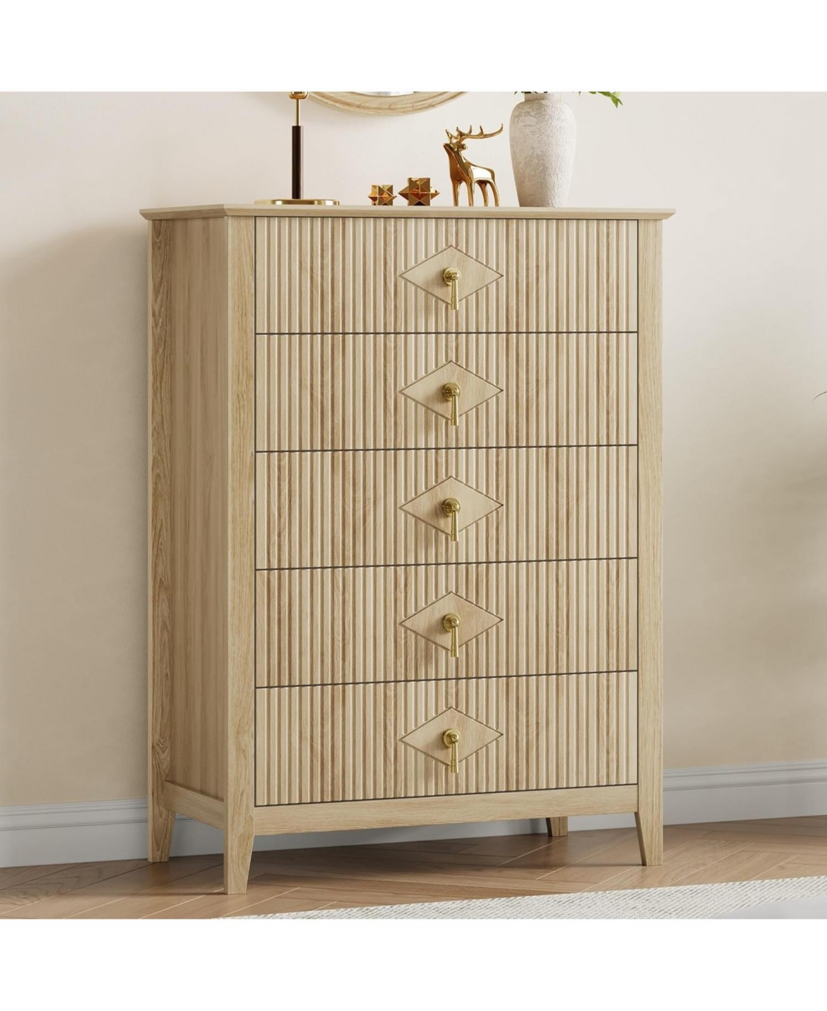 gaomon Fluted Dresser for Bedroom, 42.9" Tall 5-Drawer Wood Dresser, Modern Chest of Drawers, Storage Organizer Cabinet - Natural