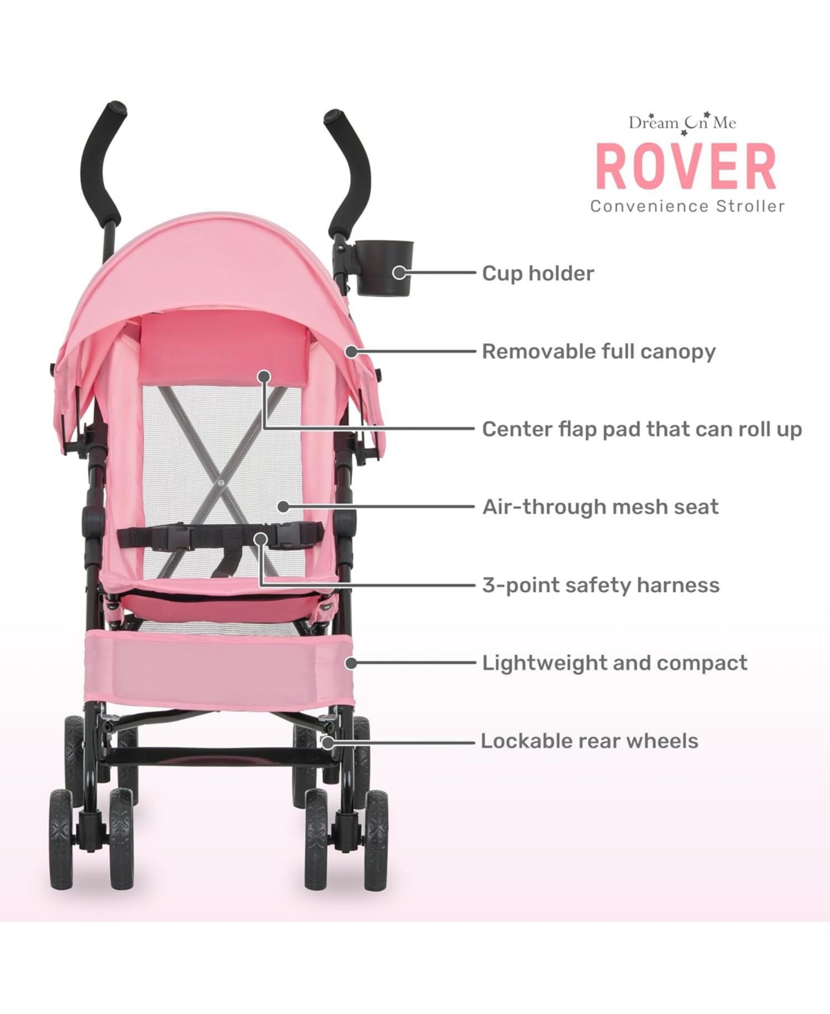 Dream On Me Toddler Rover Stroller: Lightweight, compact travel umbrella stroller. One-hand fold, lockable rear wheels, adjustable canopy, & 3-point h
