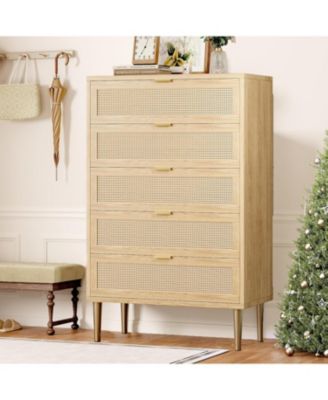 Rattan 5 Drawer Tall Dresser, Narrow Wooden Chest with Metal Legs & Handles for Bedroom