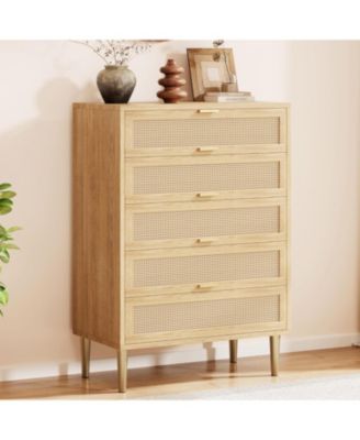 Rattan 5 Drawer Tall Dresser, Narrow Wooden Chest with Metal Legs & Handles for Bedroom