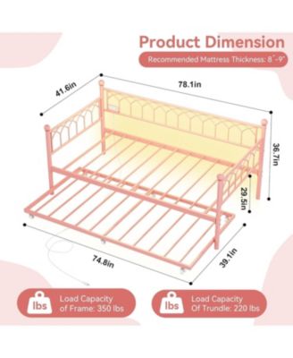 Twin Daybed with Trundle, Metal Trundle Bed with Charging Station & LED Lights, Sofa Bed Frame with 6 Locking Caster Wheels for Living Room